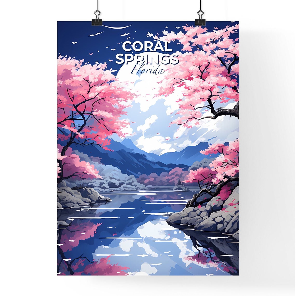 Coral Springs Florida Lake Travel Poster Blossom Trees Moonlit Art - Image 4