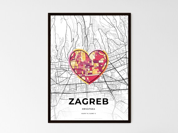 Zagreb Croatia Modern Minimalist Heart Street Map Art Poster