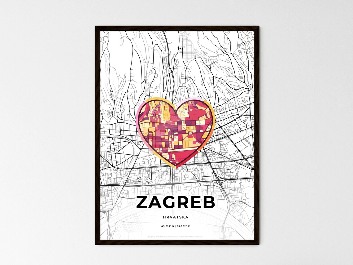 Zagreb Croatia Modern Minimalist Heart Street Map Art Poster