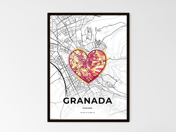 Granada Spain Heart Map Line Art Poster Hometown Love Gift Decor
