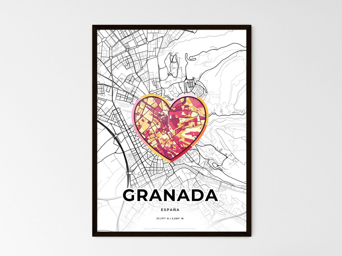 Granada Spain Heart Map Line Art Poster Hometown Love Gift Decor