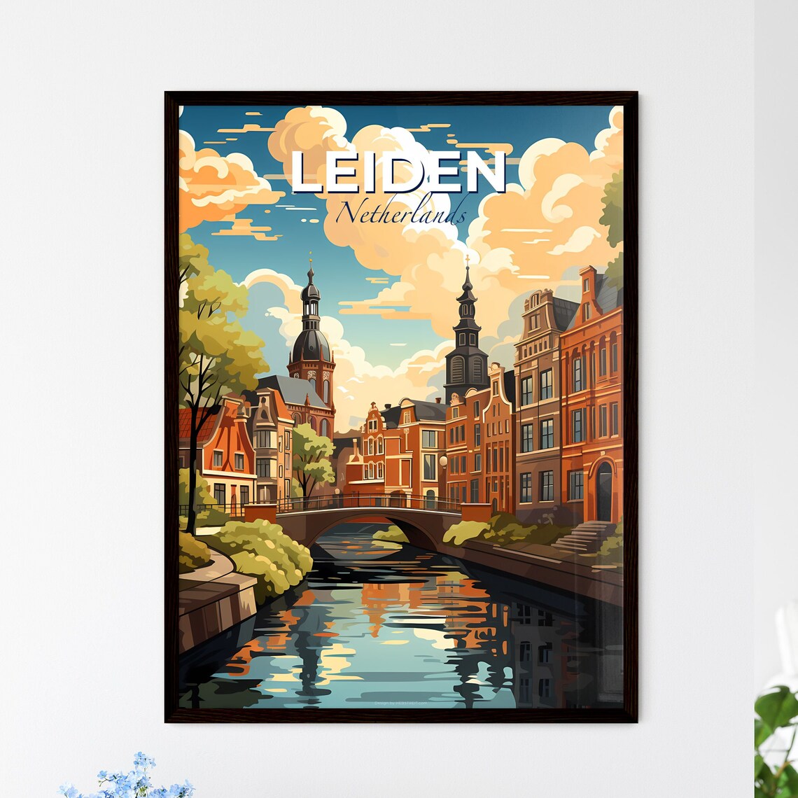 Leiden Netherlands Canal Bridge Historic Town Watercolor Poster