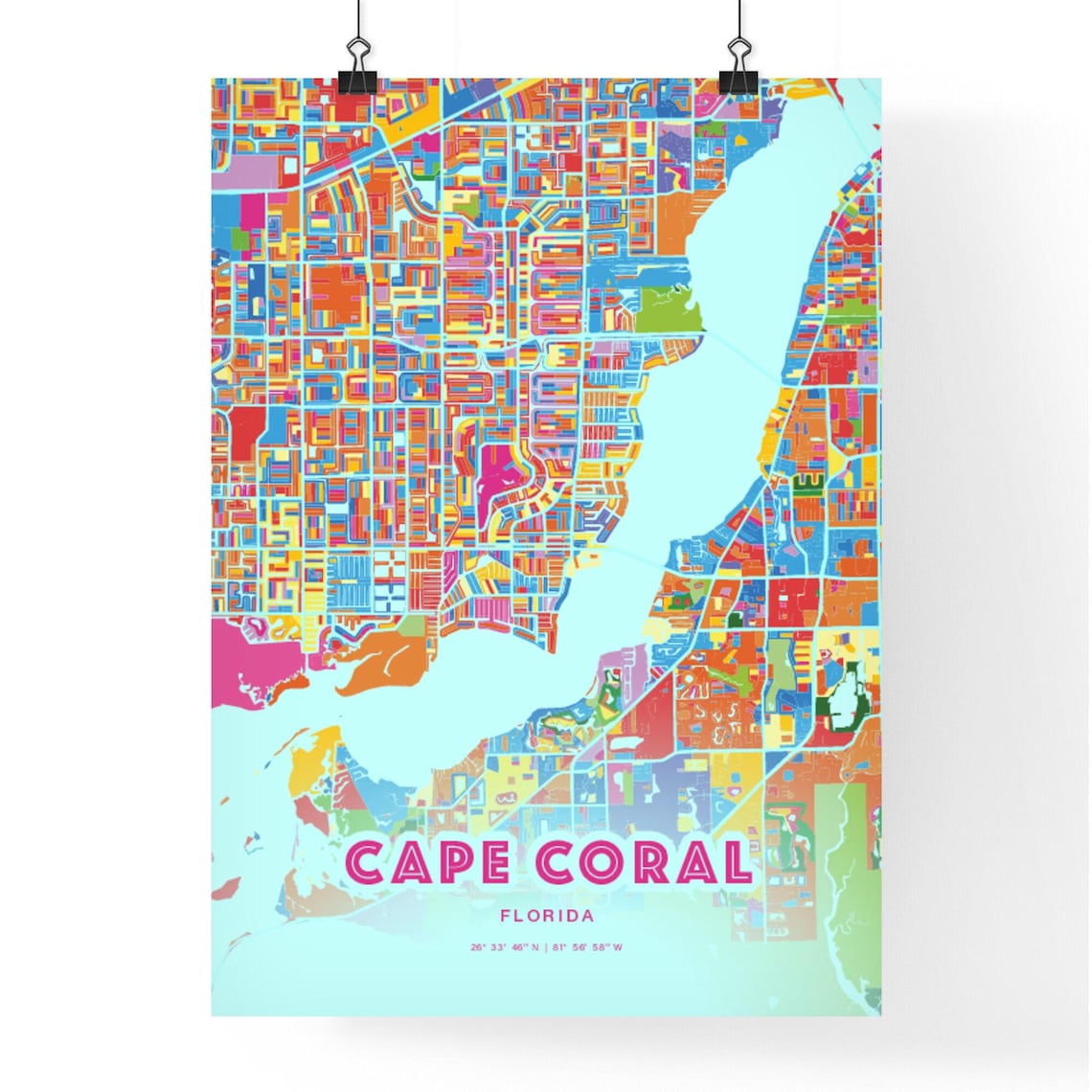 Cape Coral Florida Crazy Colorful Mosaic City Map Art Poster - Image 3