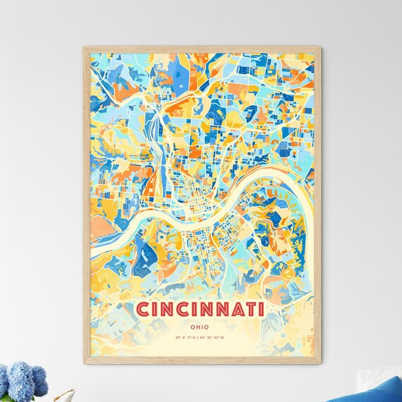 Cincinnati Ohio Vibrant Blue Orange City Map Art Poster Decor