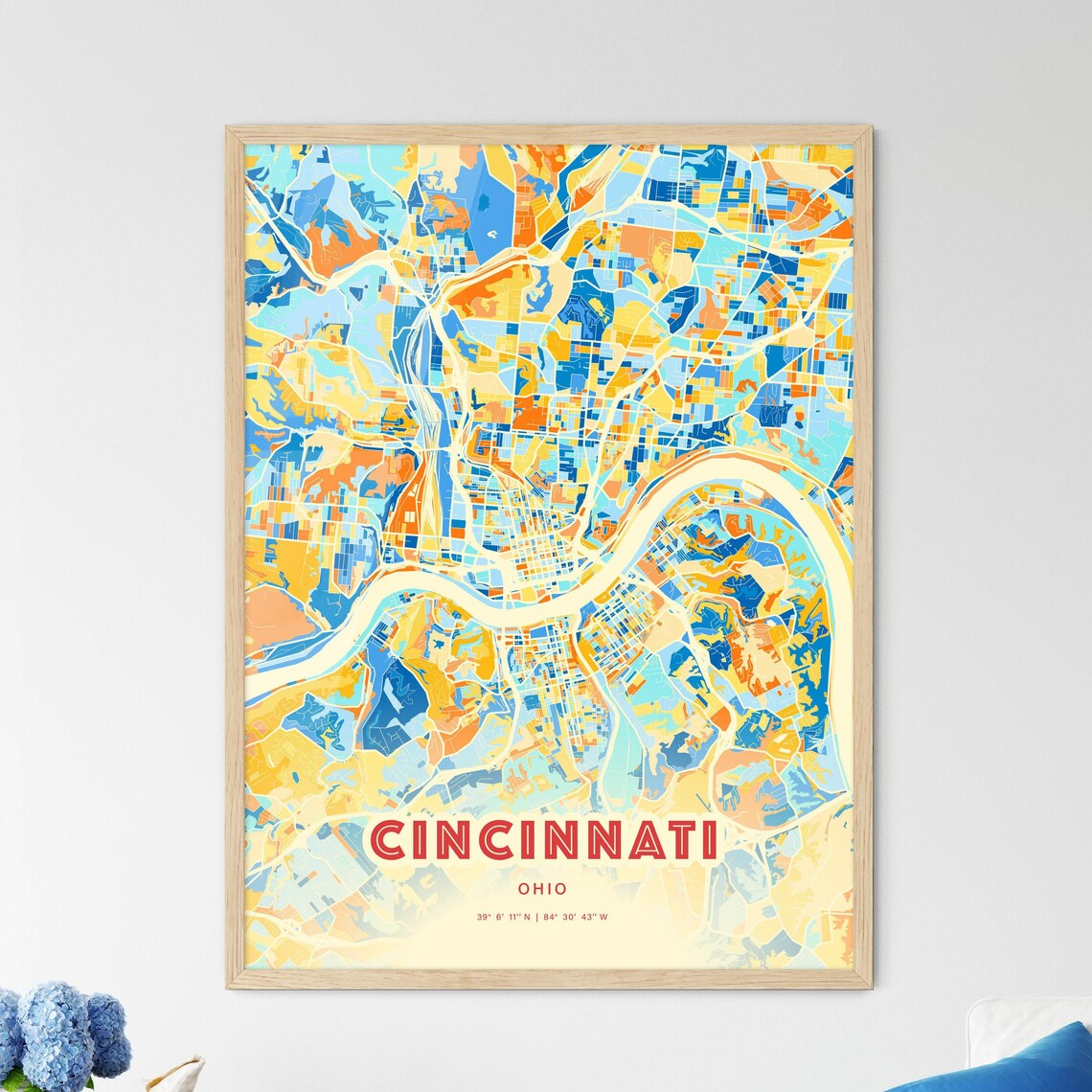 Cincinnati Ohio Vibrant Blue Orange City Map Art Poster Decor