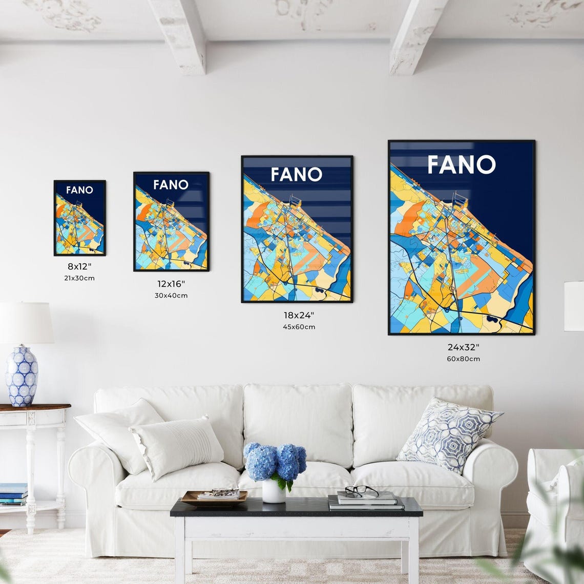 Fano Italy Vibrant Geometric City Map Art Poster in Blue and Orange - Image 3