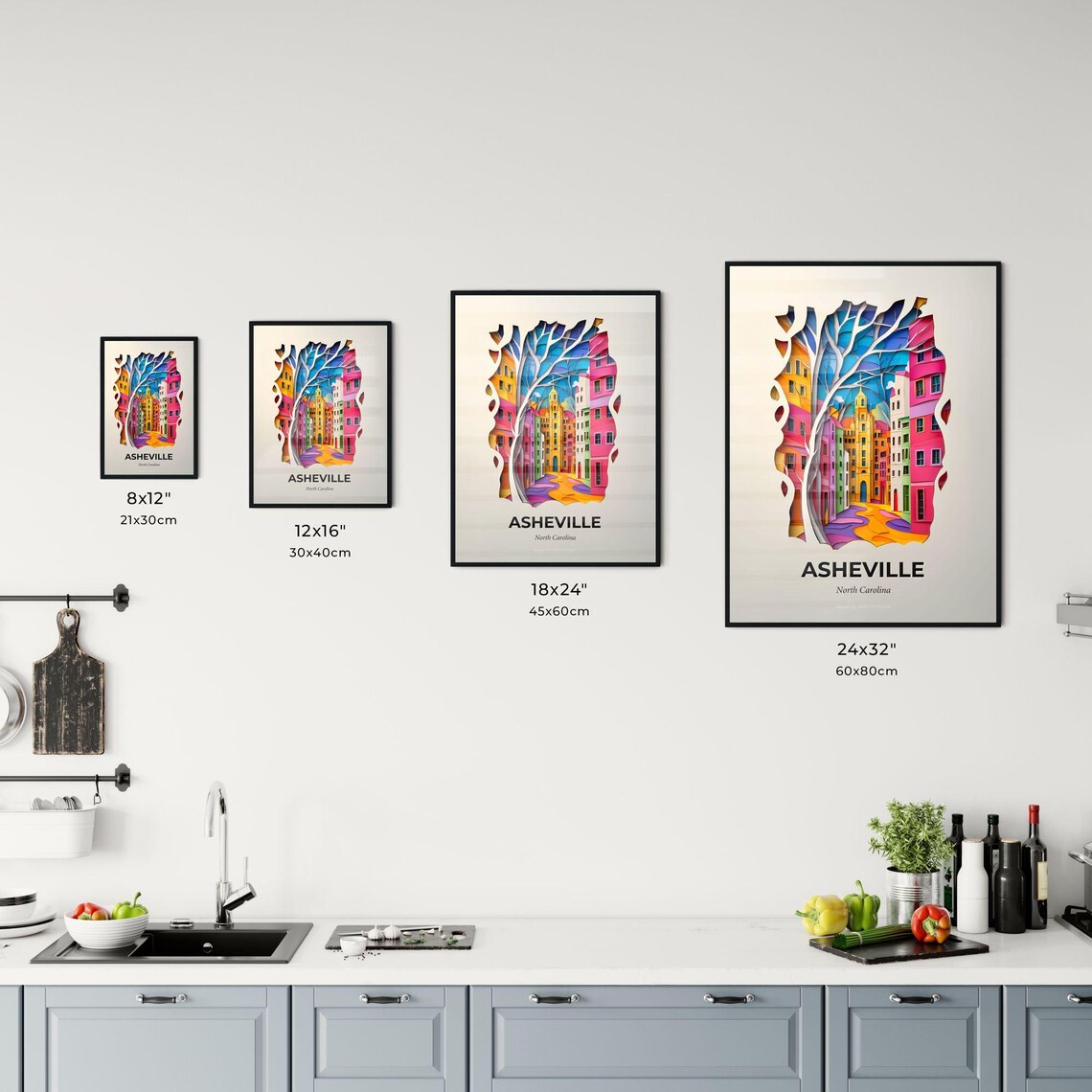 Asheville North Carolina Paper Cut City Street Travel Poster - Image 3