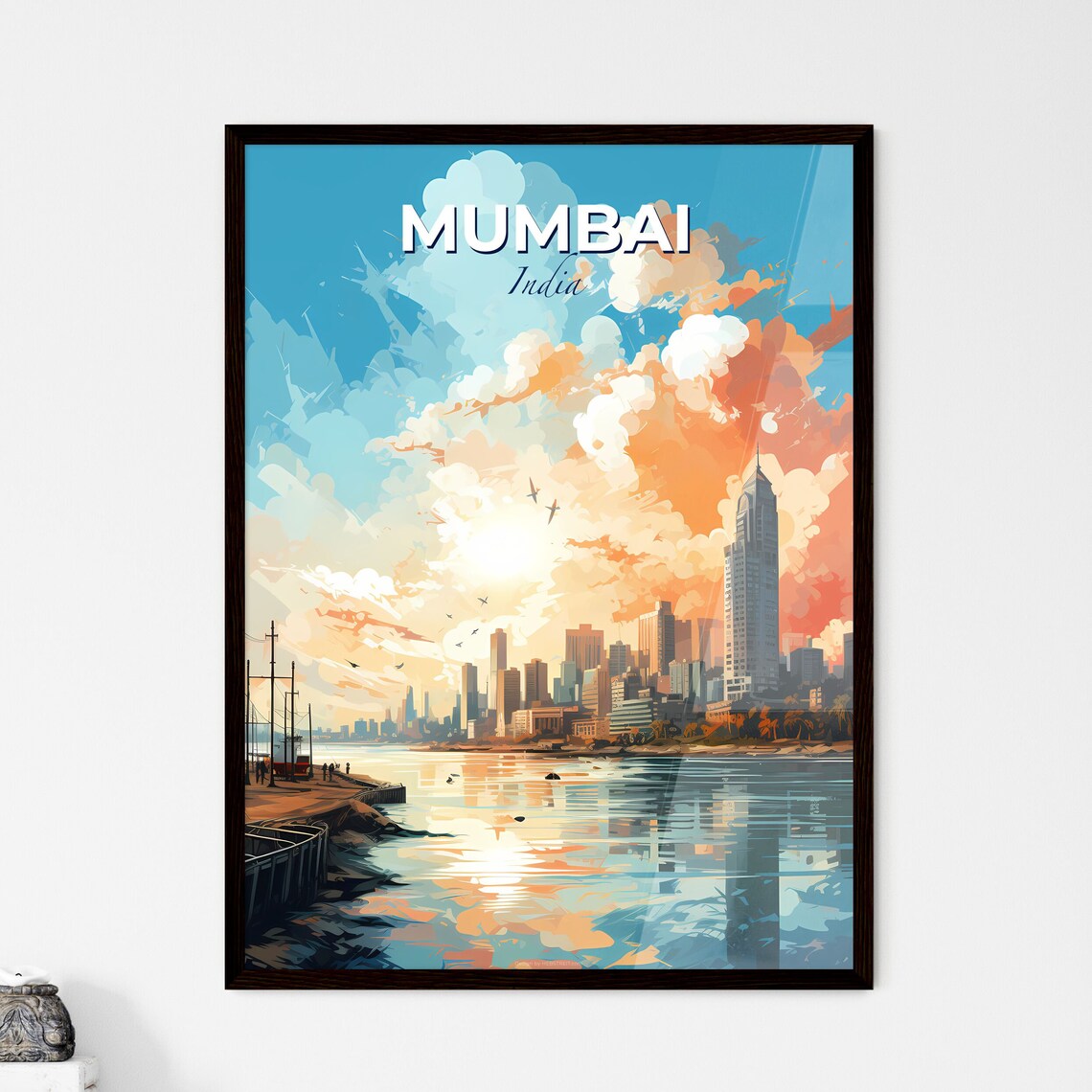 Mumbai India Harbor Skyline Sunset Watercolor Travel Art Poster