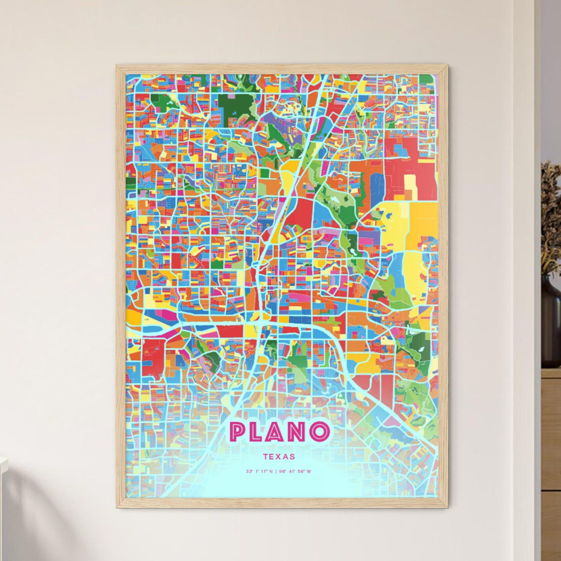 Plano Texas Customizable Colorful City Map Poster For Home Decor