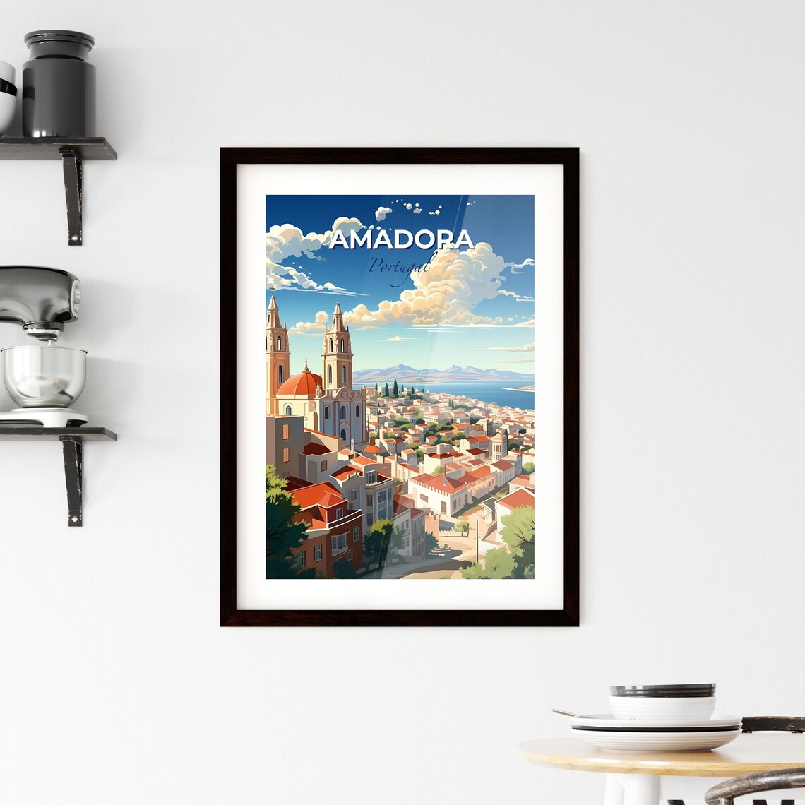 Amadora Portugal Red Roof City Bay View Vintage Travel Poster - Image 2