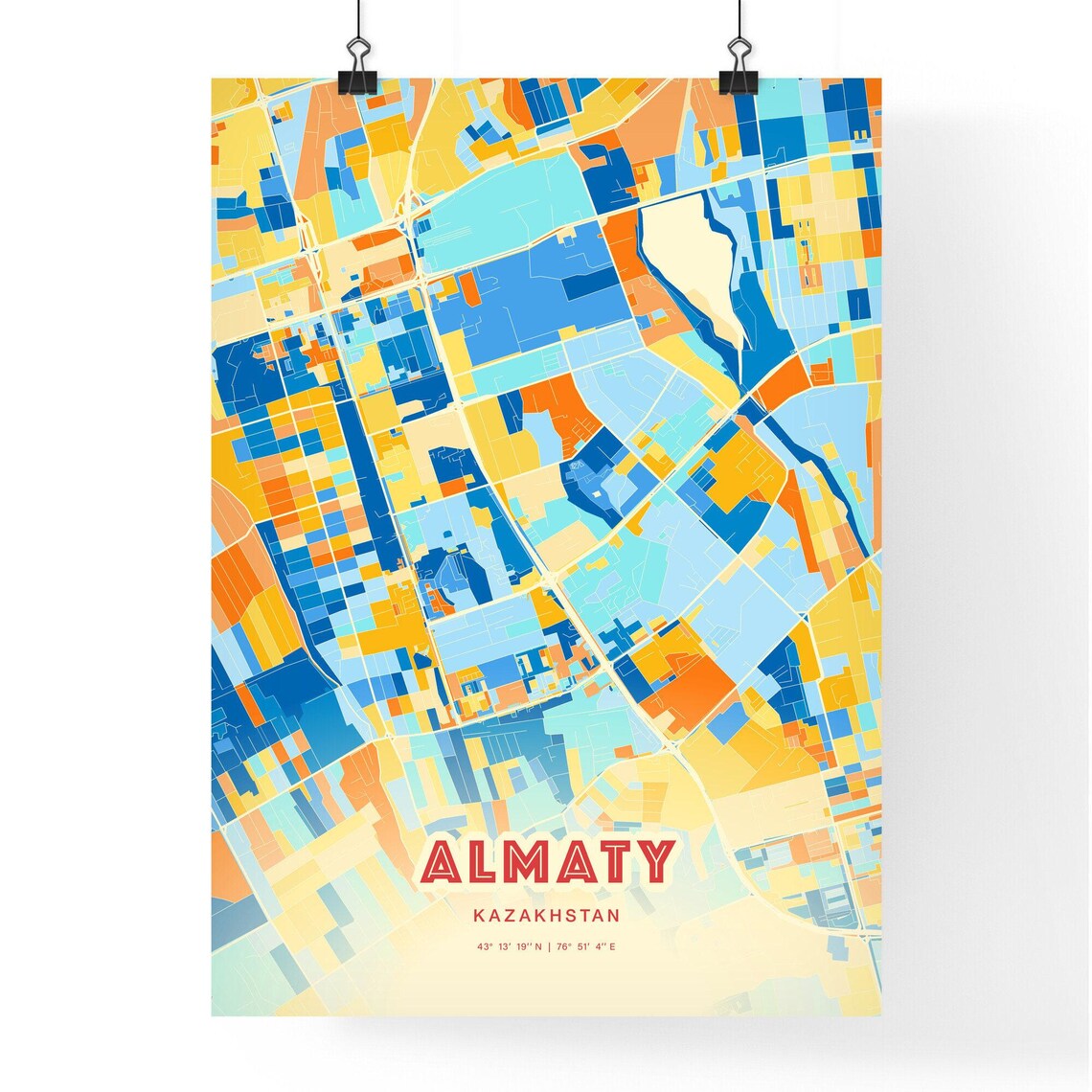 Almaty Kazakhstan Colorful Blue Orange Fine Art City Map Poster - Image 3