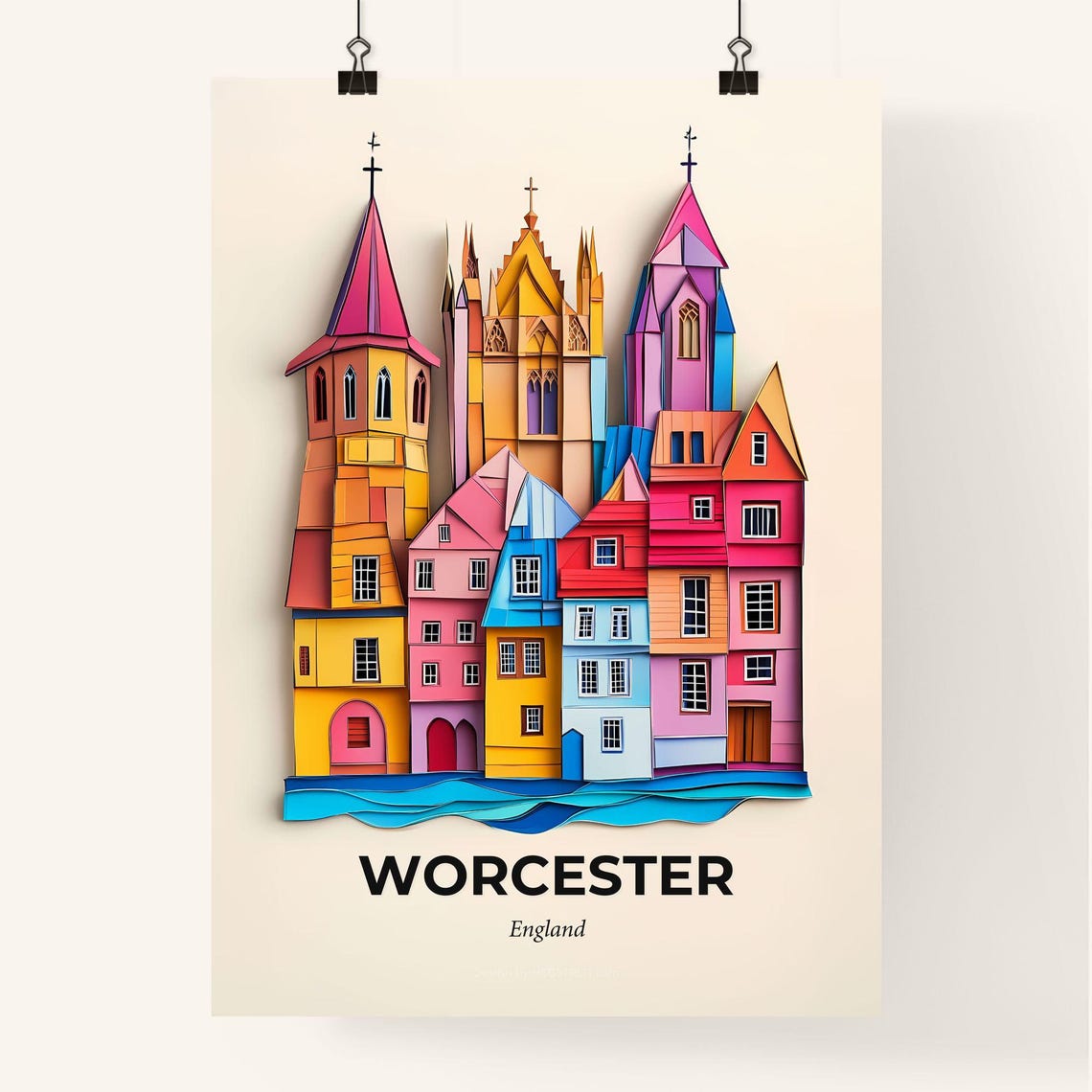 Worcester England Cathedral Colorful Town Vivid Paper Cut Poster - Image 4