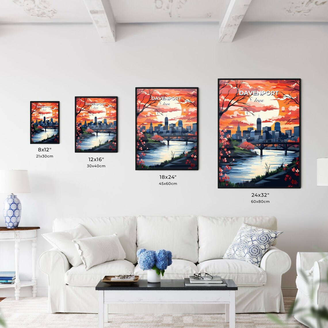 Davenport Iowa Mississippi River Bridge Sunset Skyline Travel Poster - Image 3
