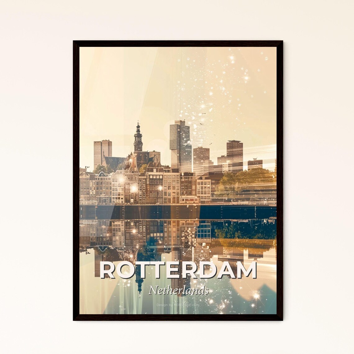 Rotterdam Netherlands Harbor Skyline Mirrored Golden Art Poster