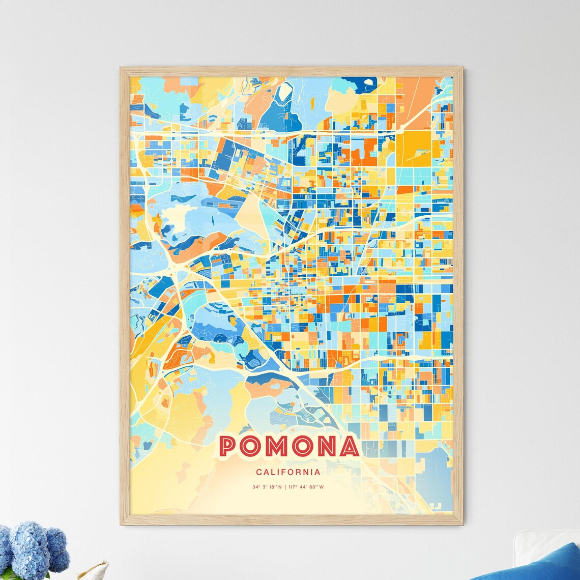 Pomona California Colorful Modern Blue Orange City Map Art Poster