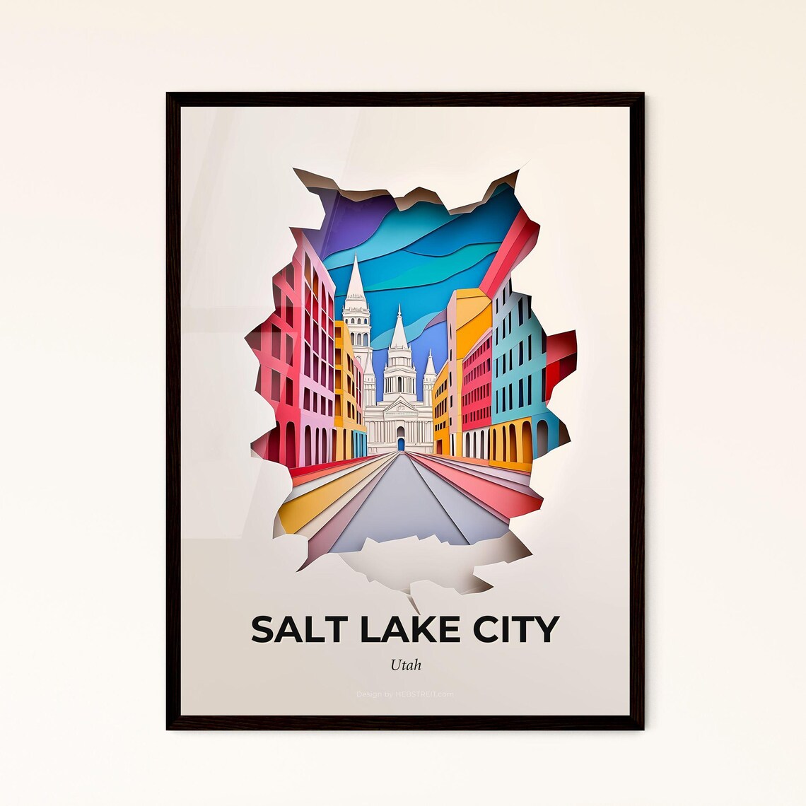 Salt Lake City Utah Colorful Paper Cut Street Temple Travel Poster