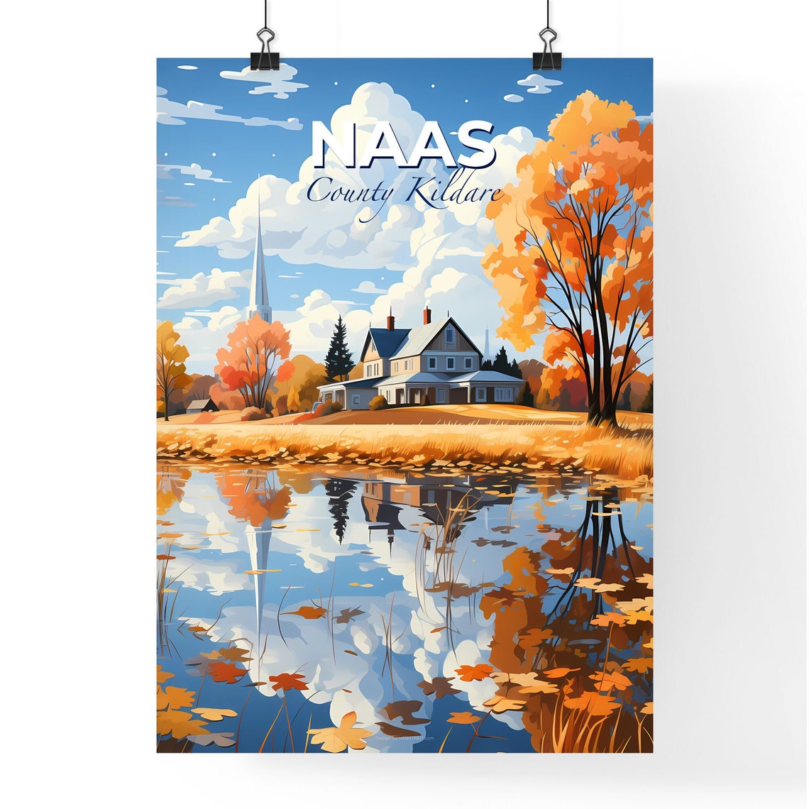 Naas County Kildare Ireland Autumn Lakeside Church Reflection Poster - Image 4