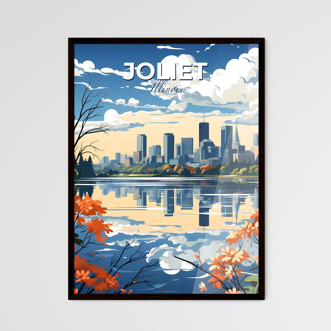 Joliet Illinois Lake Reflection Skyline Autumn Flowers Travel Poster