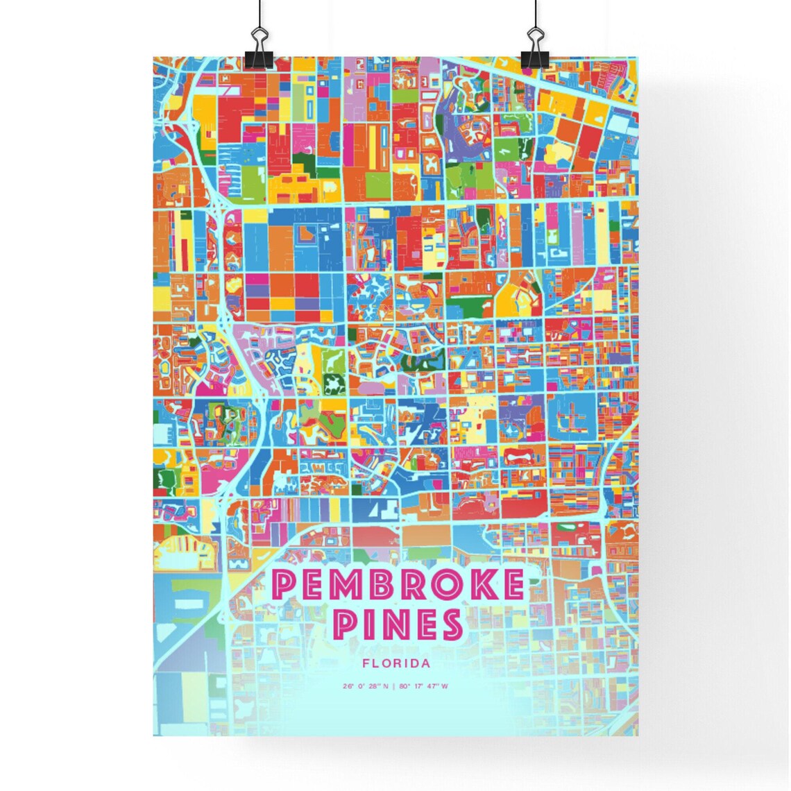 Pembroke Pines Florida Crazy Colorful Mosaic City Map Art Poster - Image 3