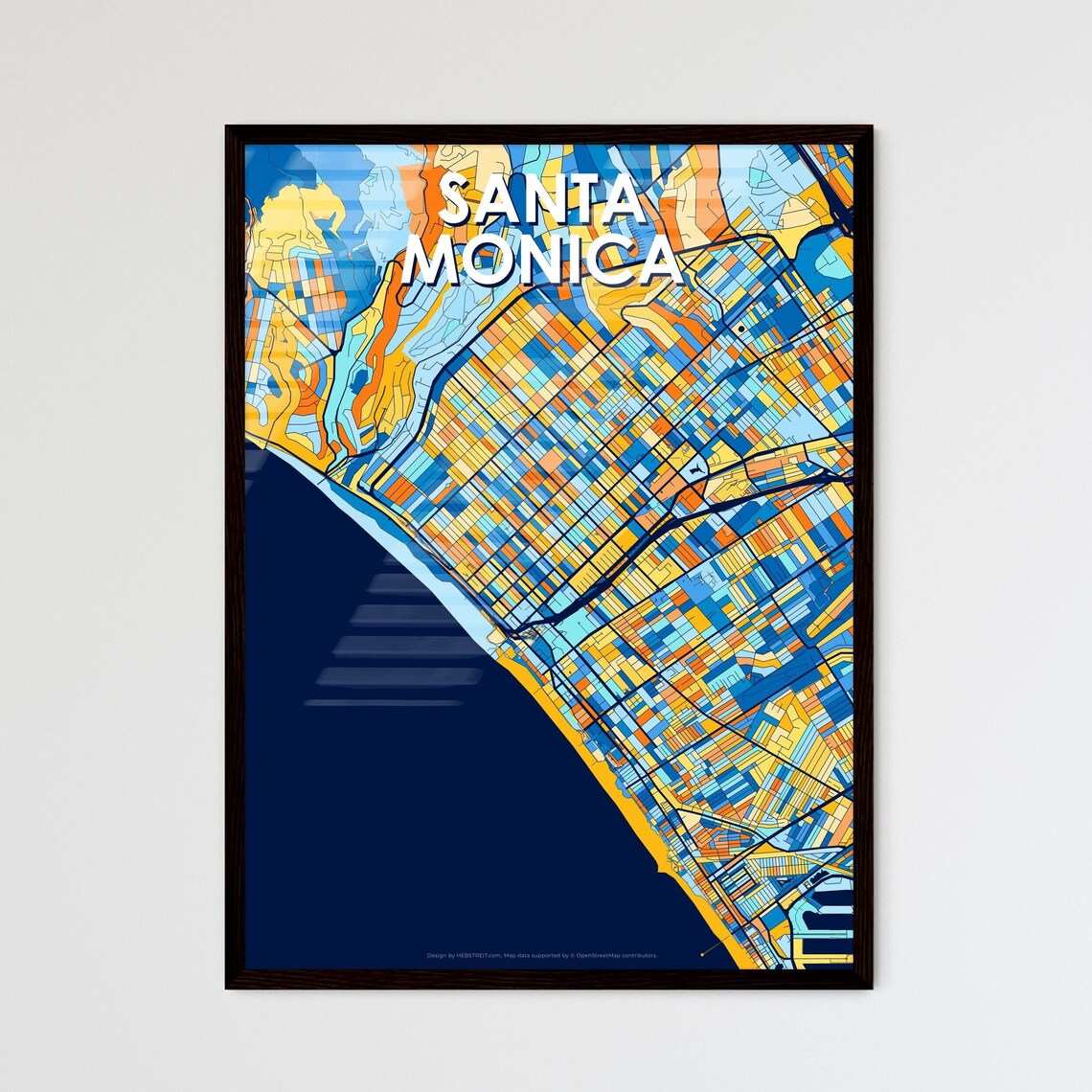Santa Monica California City Map Art Print Deep Navy Blue Orange Coastal