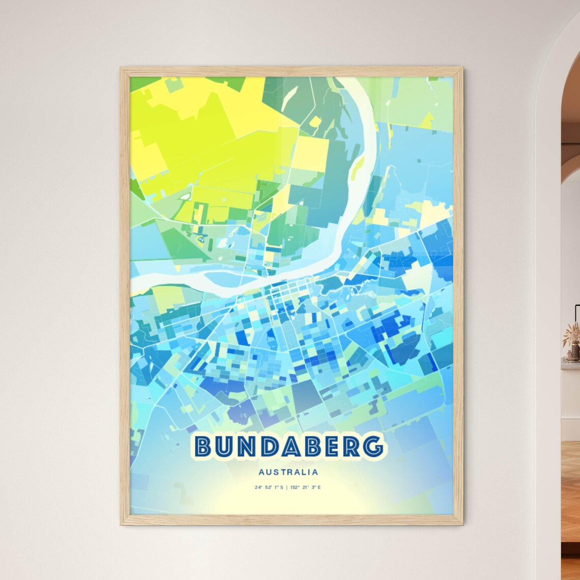 Cool Blue Street Map Art Poster of Bundaberg Australia City Decor