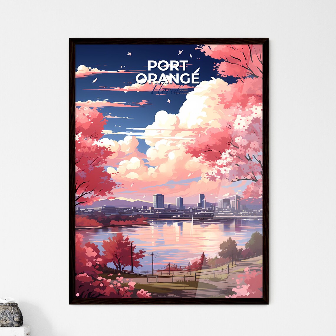 Port Orange Florida Cherry Blossom Lake Skyline Travel Poster