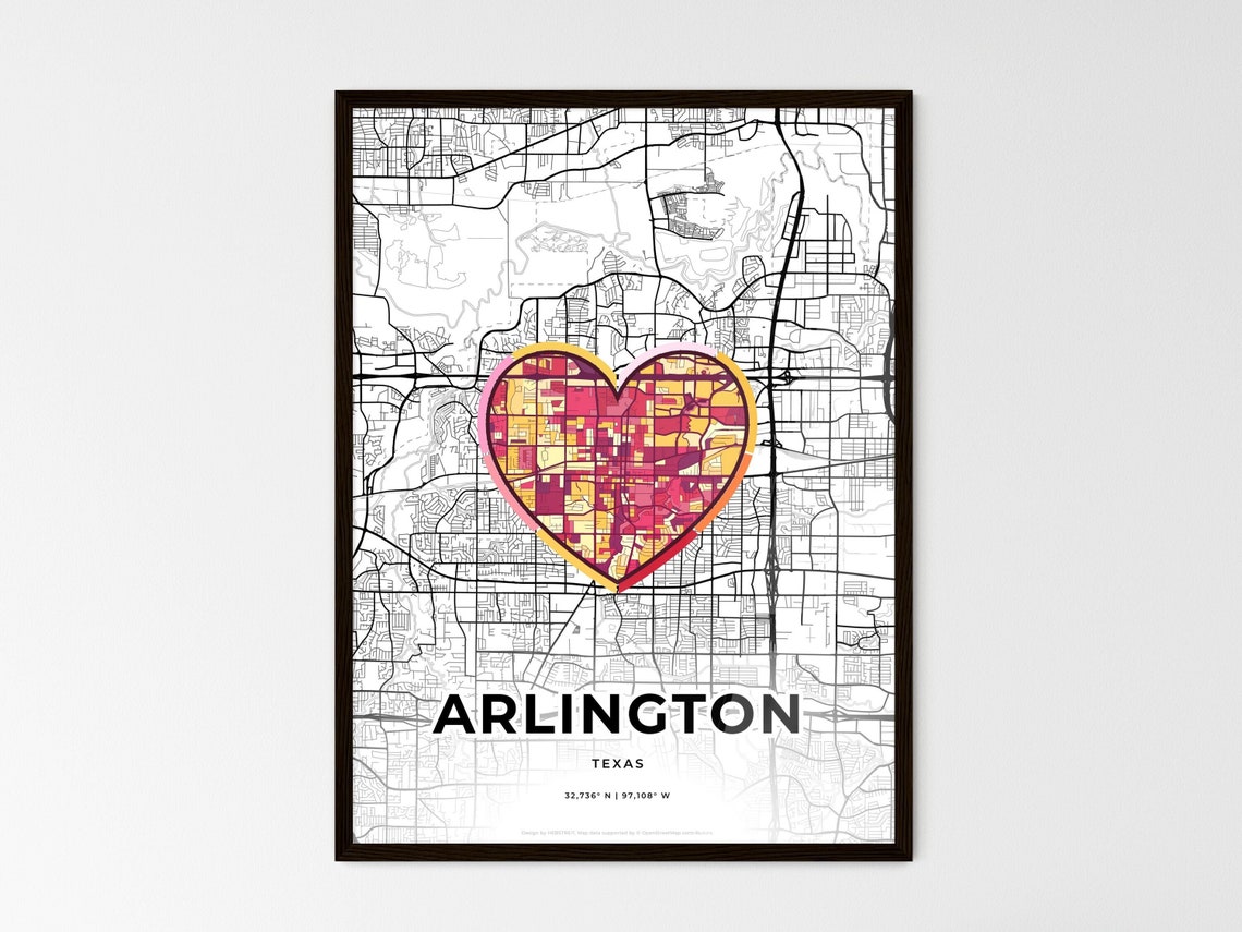 Arlington Texas Minimal City Map Colorful Heart Icon Art Poster