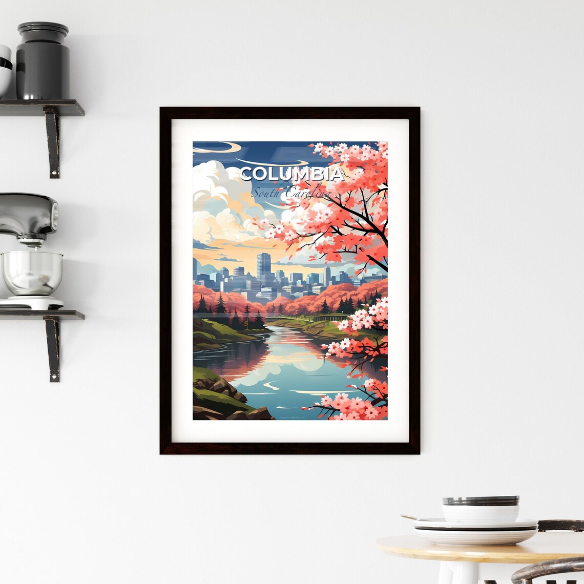 Columbia South Carolina Cherry Blossom River Skyline Travel Poster - Image 2