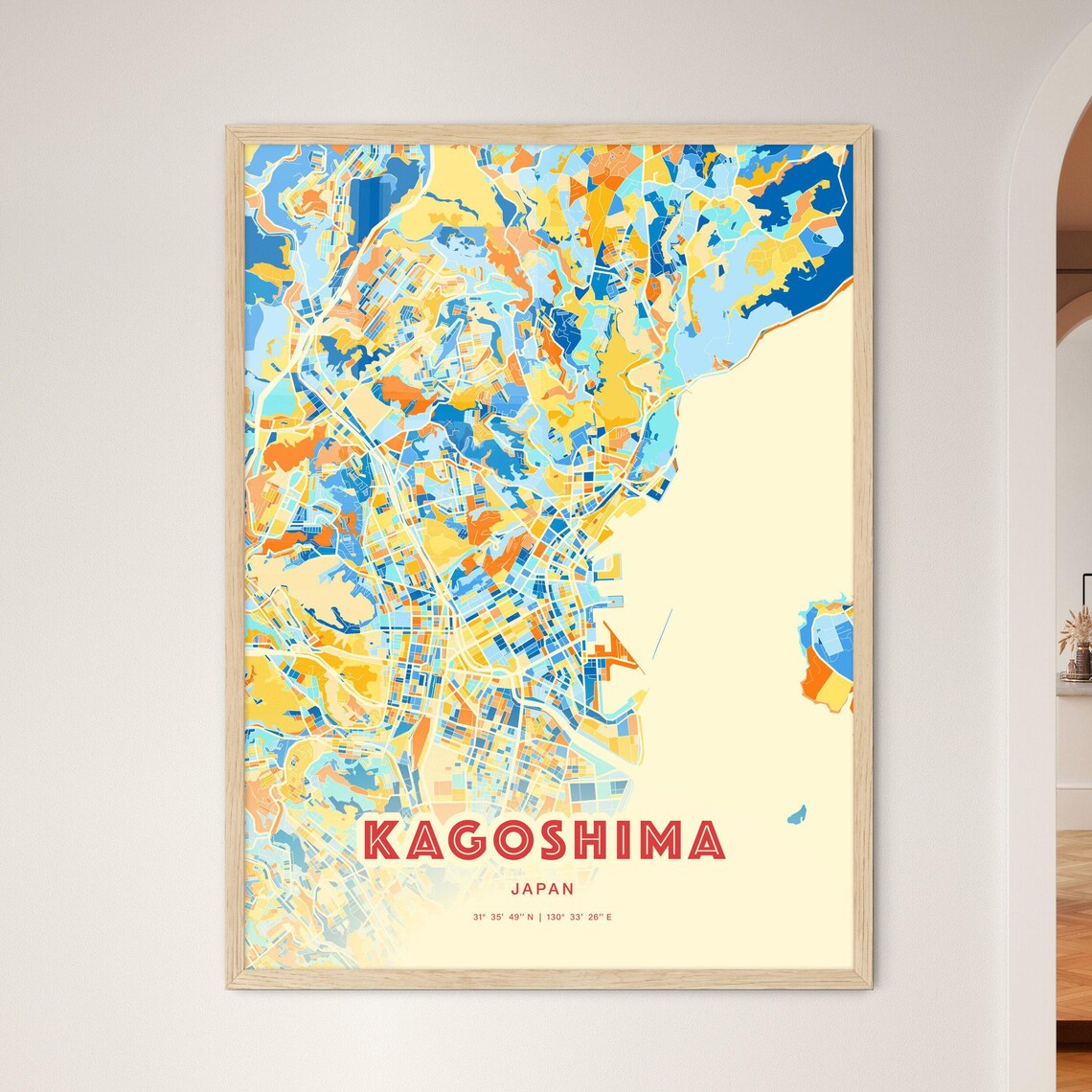 Kagoshima Japan City Map Art Poster Blue Orange Street Style