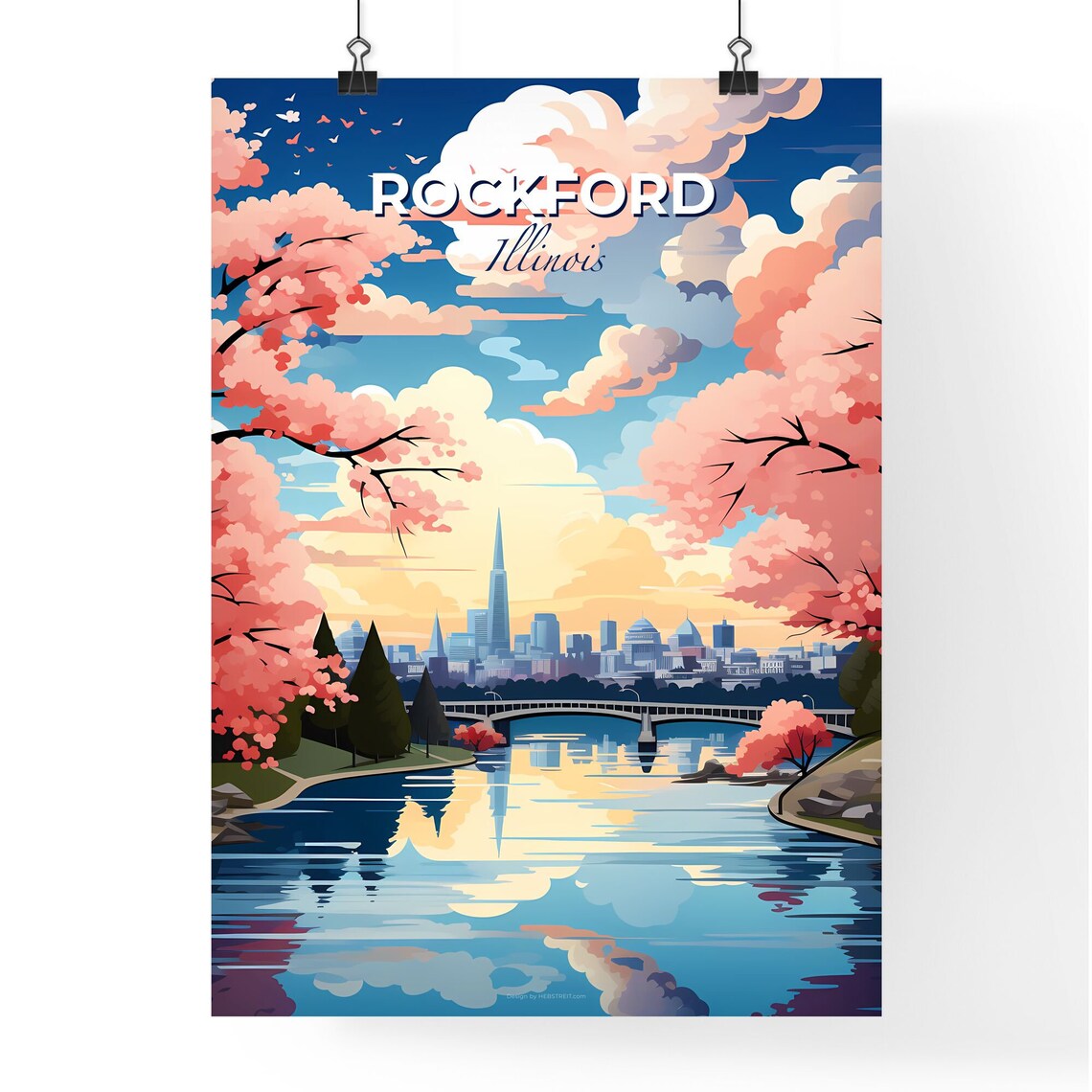 Rockford Illinois Cherry Blossom River Bridge Skyline Poster - Image 4