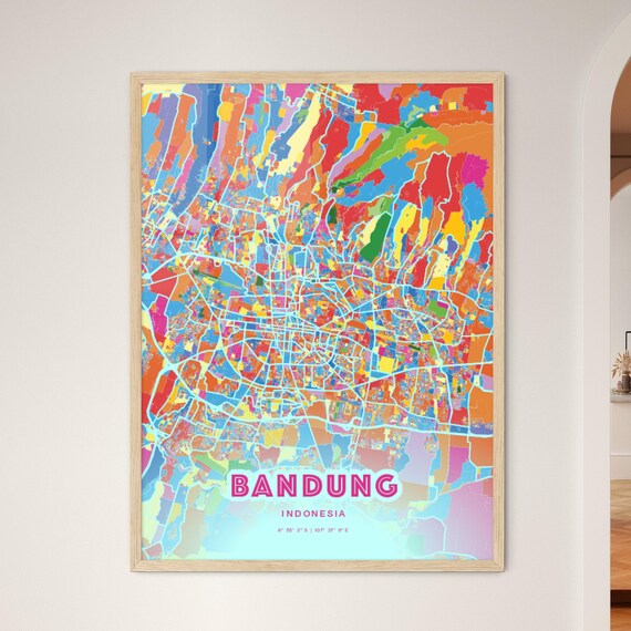 Bandung Indonesia Colorful City Map Art Poster in Pink and Turquoise