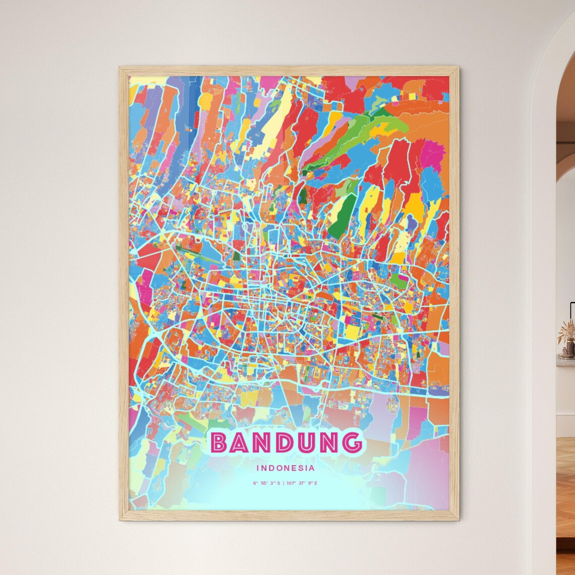 Bandung Indonesia Colorful City Map Art Poster in Pink and Turquoise