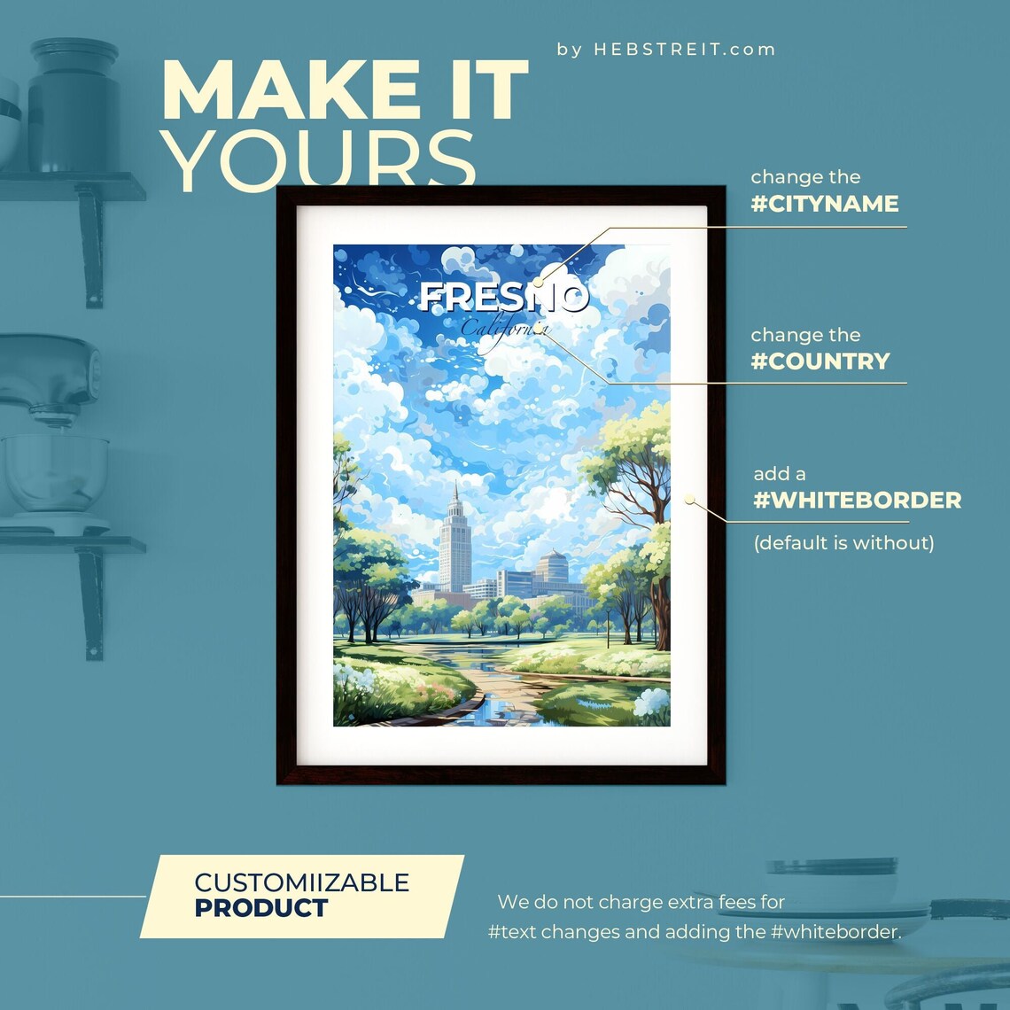 Fresno California Park Tower Pond City Skyline Travel Art Poster - Image 2