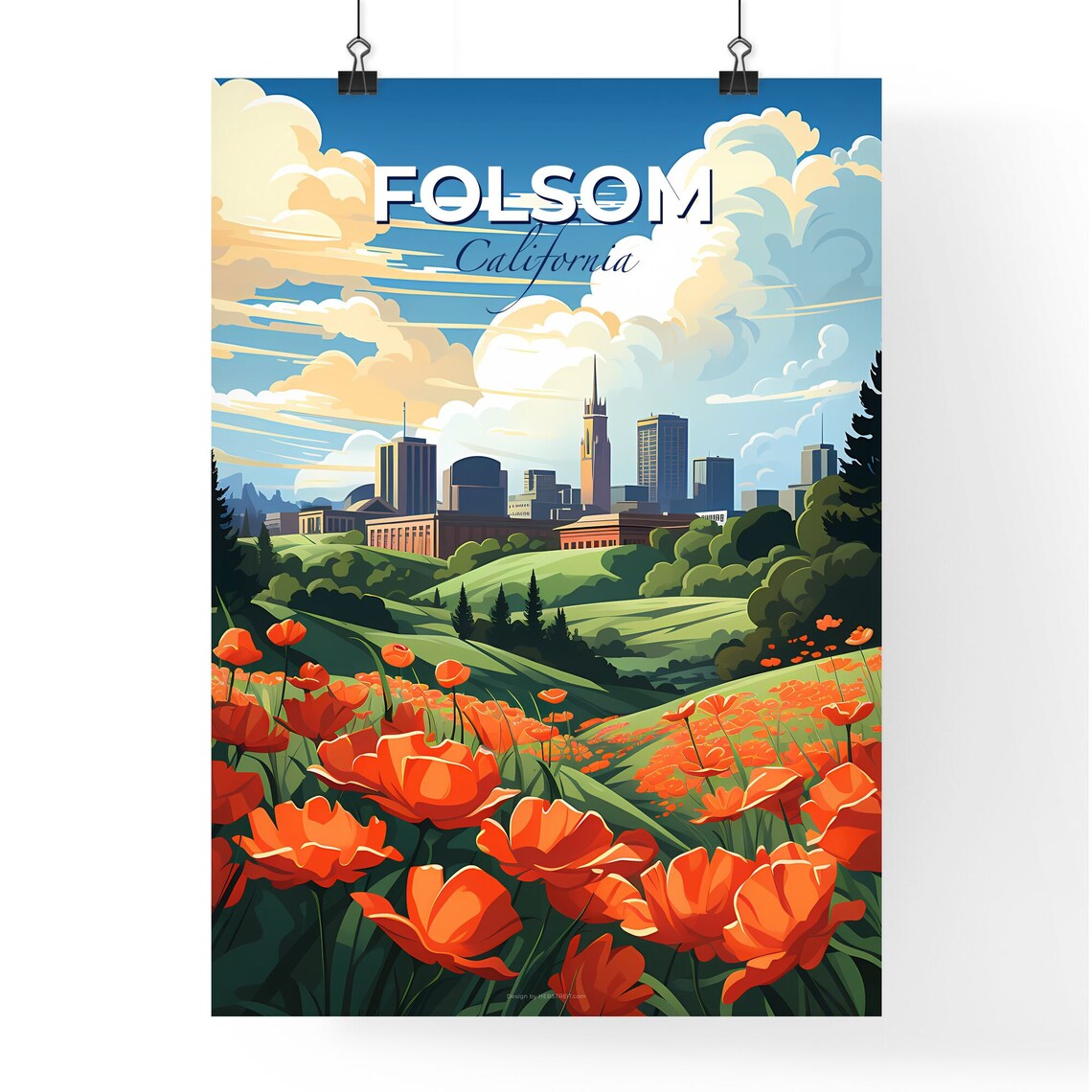 Folsom California Poppy Field Bloom City Skyline Travel Poster - Image 4