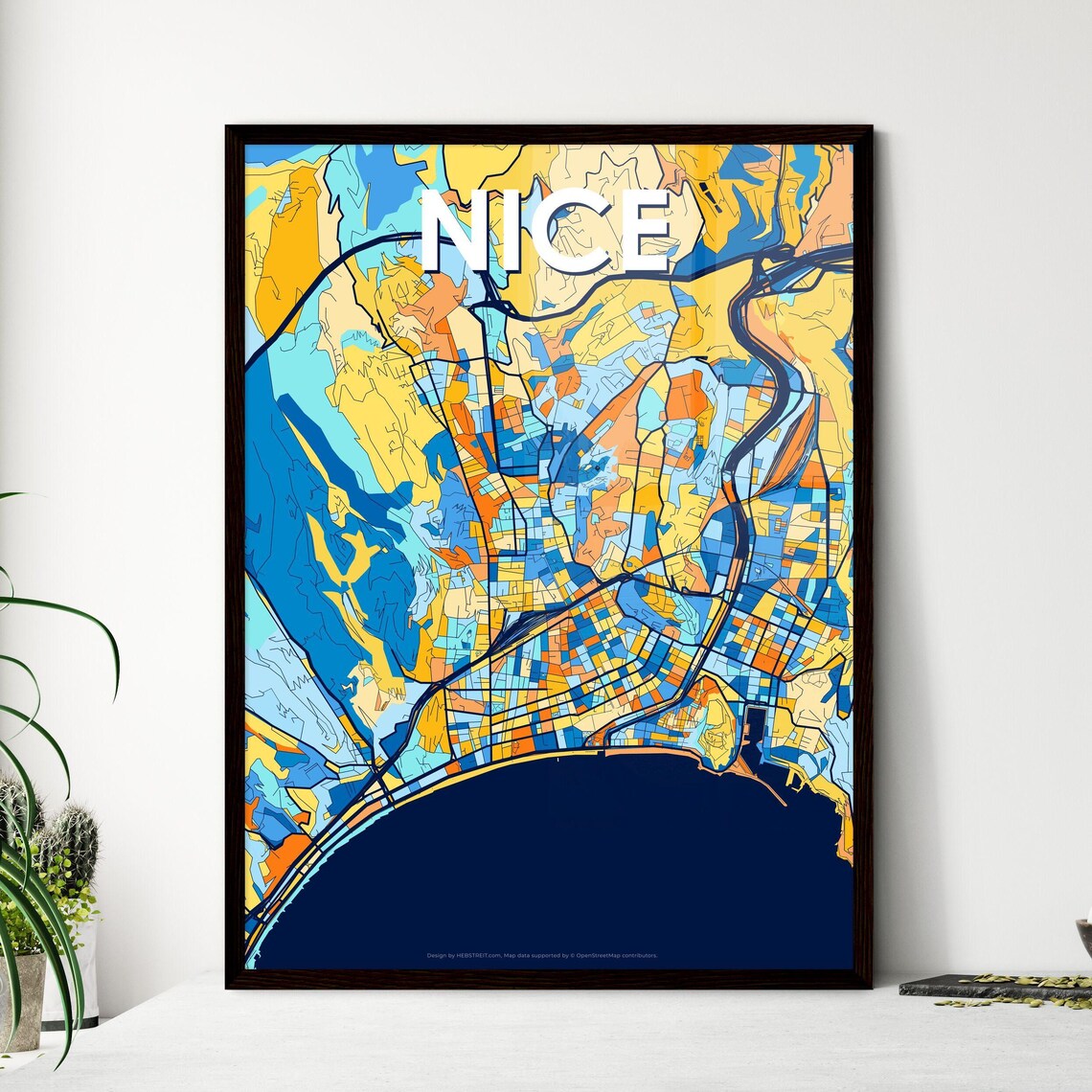 Nice France Riviera Colorful Blue Orange City Map Art Poster
