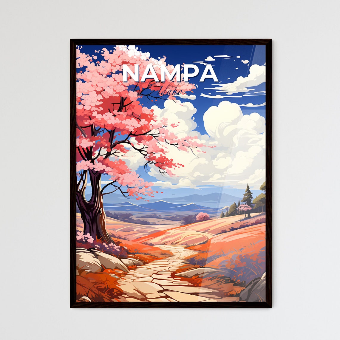 Nampa Idaho Cherry Blossom Path Rolling Hills Anime Style Poster