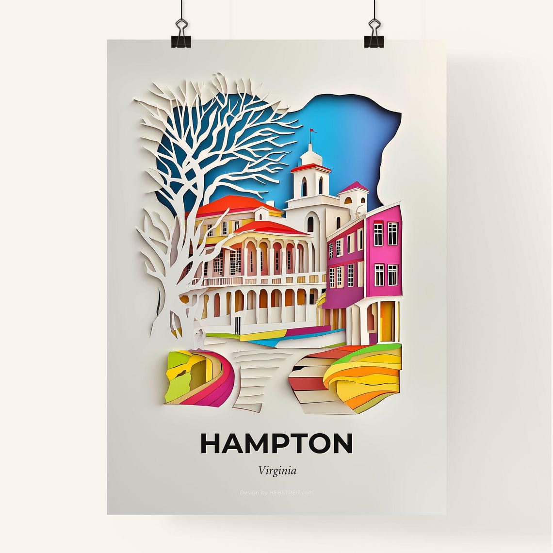 Hampton Virginia Colorful Paper Cut Church and White Tree Poster - Image 4