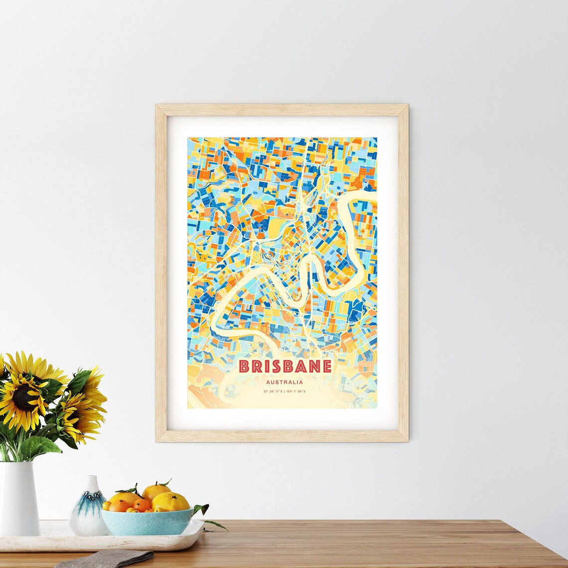 Brisbane Australia Colorful Blue and Orange City Map Art Poster - Image 2