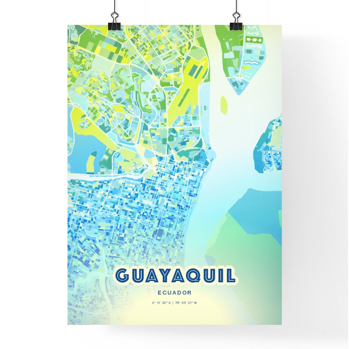 Guayaquil Ecuador Bluish Watercolor Modern Decorative City Map Art Poster - Image 3