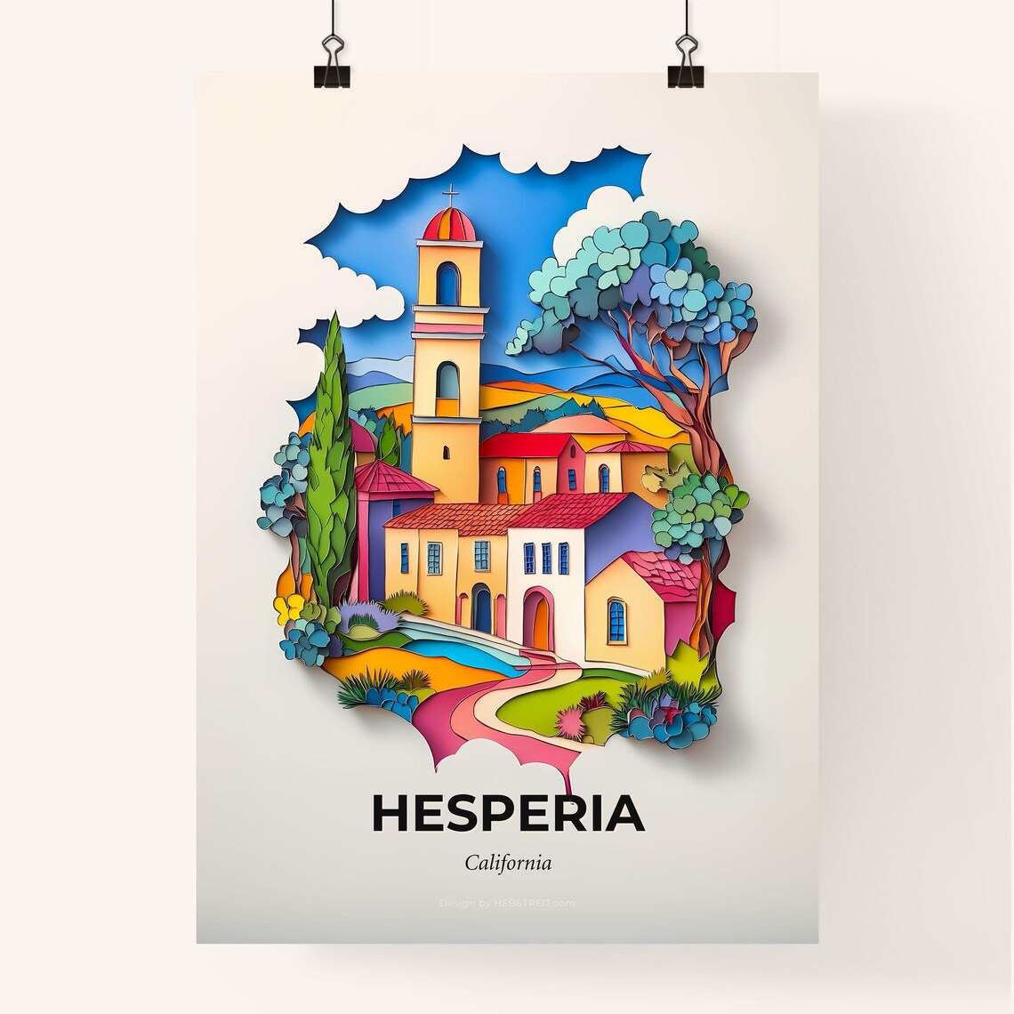 Hesperia California Colorful Paper Cut Church Tower Trees Poster - Image 4