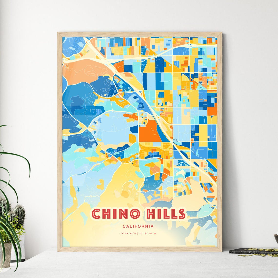 Chino Hills California Colorful Blue Orange Map Art Poster Wall Decor - Image 3