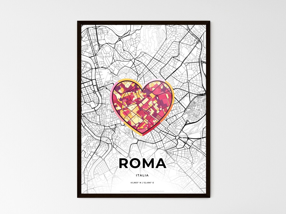 Rome Italy Travel Gift Minimalist Heart Shaped City Map Poster