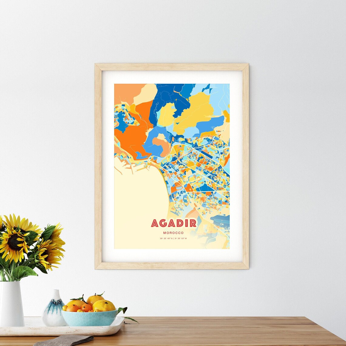 Agadir Morocco Blue Orange Colorful City Map Art Poster With Coordinates - Image 2