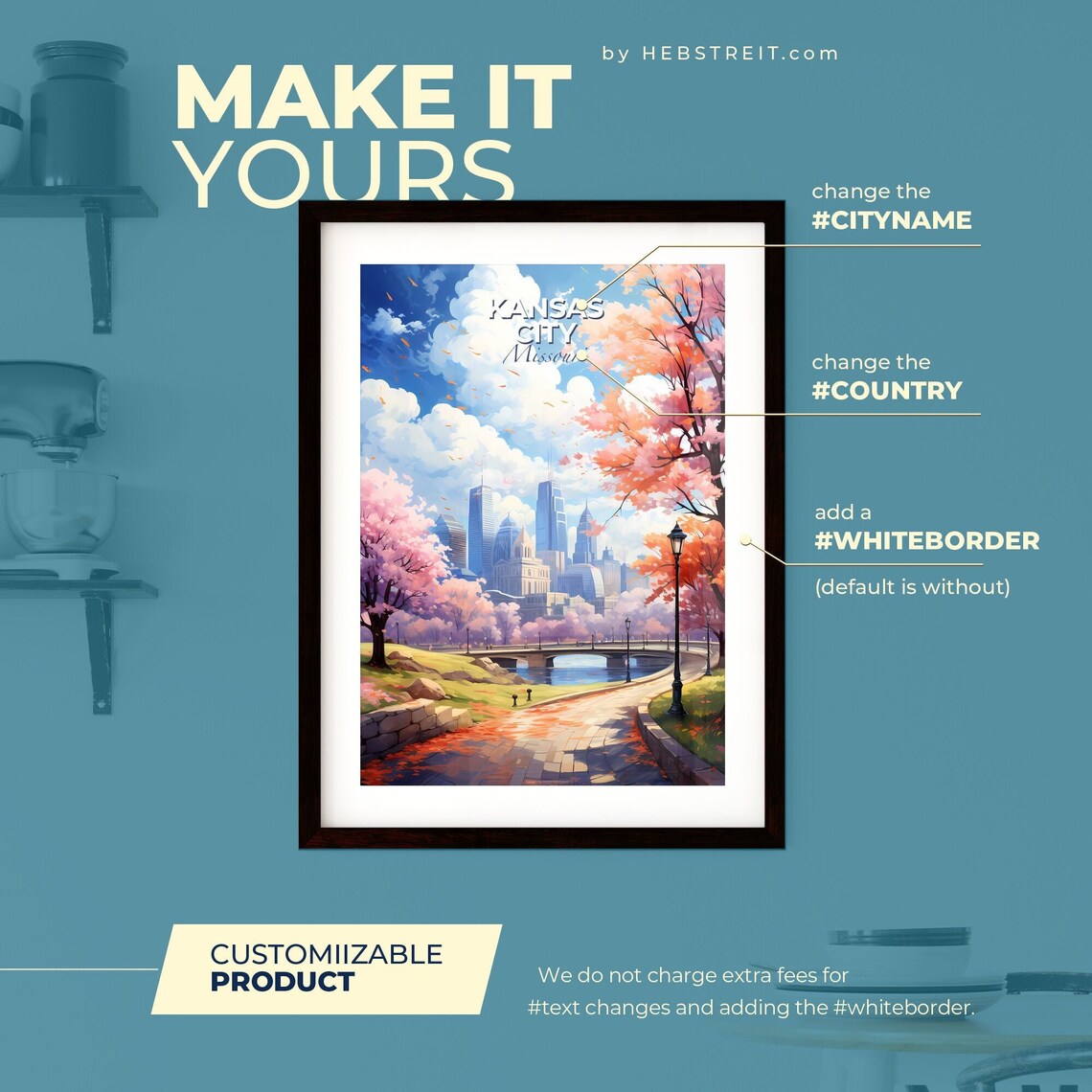 Kansas City Missouri Autumn Park Lake Skyline Travel Art Poster - Image 2