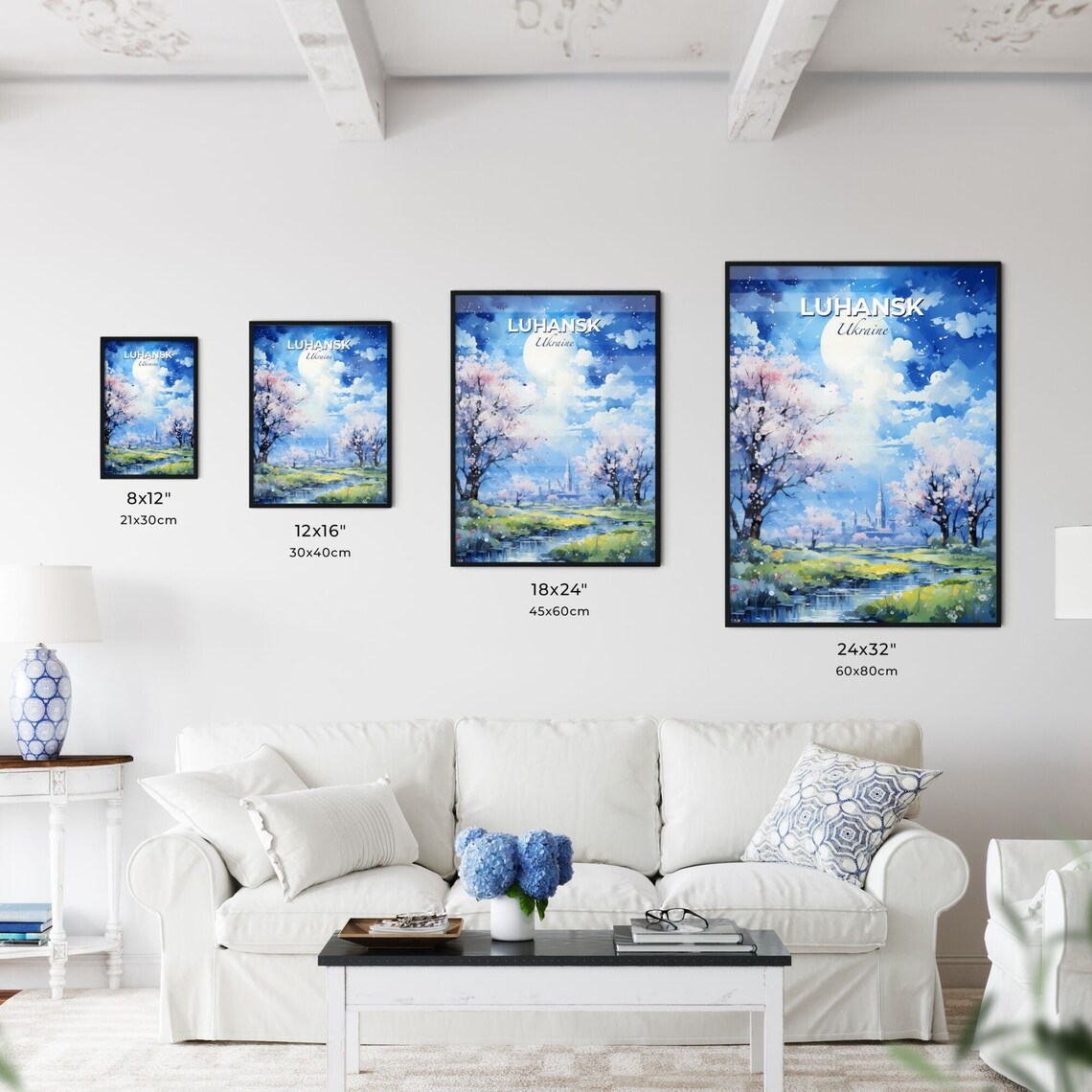 Luhansk Ukraine Moonlit Blossom River Landscape Travel Poster - Image 3