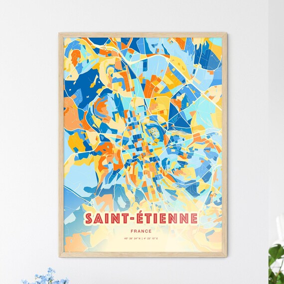 Saint Etienne France Colorful Blue Orange Modern City Map Poster