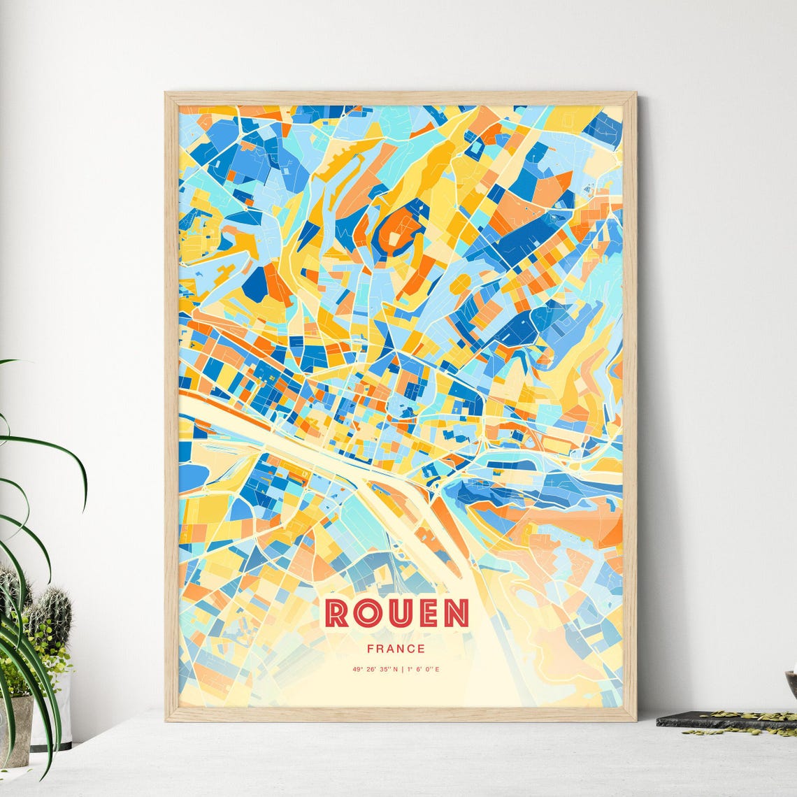 Rouen France Colorful Blue Orange Map Art Poster Wall Decor Gift
