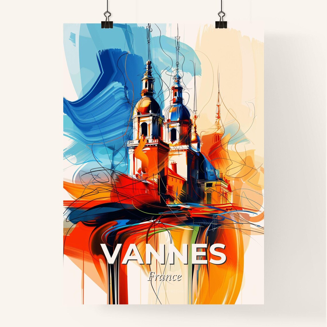 Vannes France Colorful Abstract Twin Church Towers Art Poster - Image 4