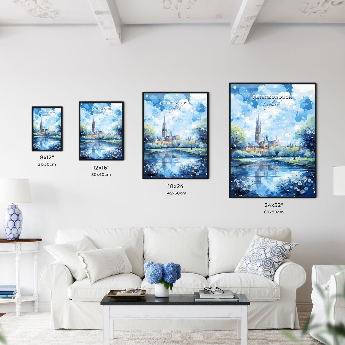 Peterborough England Cathedral Blue River Spring Travel View Poster - Image 3