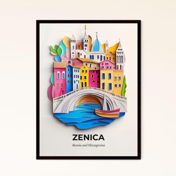 Vivid Zenica Bosnia And Herzegovina A Paper Cut Print Of A City With A Bridge Fine Art Print Customizable